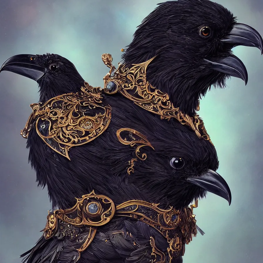 Image similar to beautiful black raven bird with ornate armor, cute, intricate, highly detailed, digital painting, trending on artstation, concept art, smooth, sharp focus, backlit, rim light, vivid colors, illustration, unreal engine 5, 8 k, art by rossdraws and alphonse mucha