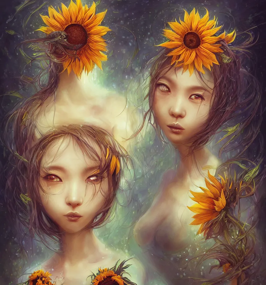 Prompt: a cute sunflower nymph of east - asian descent, created by antonio j. manzanedo, giger, alex grey, android jones, wayne barlowe, philippe druillet, raymond swanland, cyril rolando, josephine wall, harumi hironaka, trending on artstation