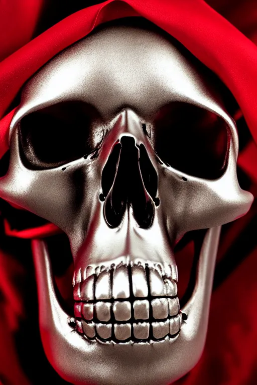 Prompt: chrome cyclops skull statue layed on a red silk fabric, by hedi xandt and antonio corradini, macabre art, dark surrealism, epic and cinematic view, volummetric light, texturized, detailed, 8 k