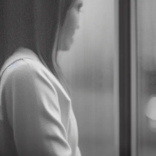 Prompt: greyscale analog photograph of a beautiful woman looking out of a rainy window, depth of field, bokeh, grain
