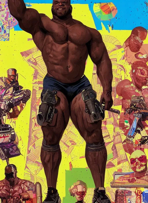 Image similar to chidi igwe. buff cyberpunk weight lifter. portrait illustration, pop art, splash painting, art by geof darrow, ashley wood, alphonse mucha, makoto shinkai ( apex legends )