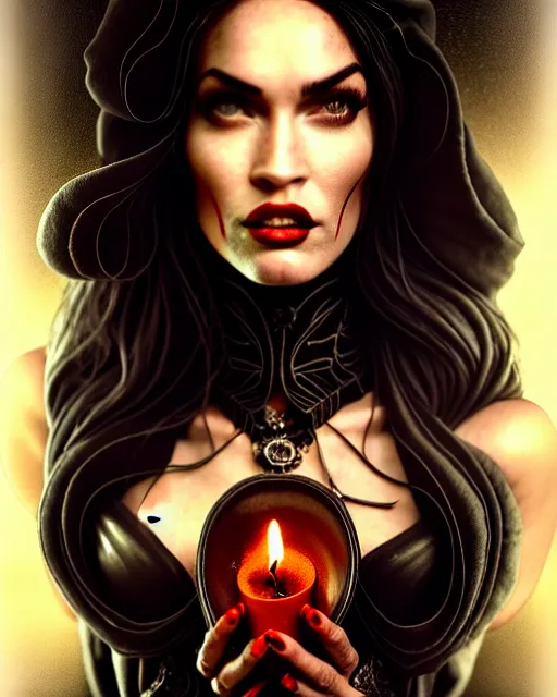Prompt: megan fox witch queen, black eyes, blood, full body, intricate victorian dress, digital art, middle shot, cinematic lighting, studio quality, symmetrical eyes, artgerm, joshua middleton, rafael albuquerque, moody lighting, candles, art style by klimt, nixeu and ian sprigger and wlop and krenz cushart