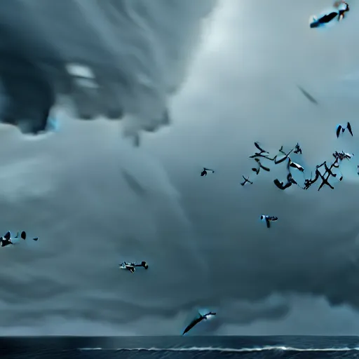 Prompt: a tornado!! made of seagulls, windy, cloudy, realistic reflections, cinematic lighting