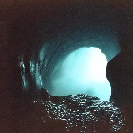 Prompt: a cave with a tsunami coming towards you, creepy, eerie, unsettling, terrifying, jagged rocks, dark, grainy, noisy, slightly blurry, polaroid, deep!!!!!, dark!!!