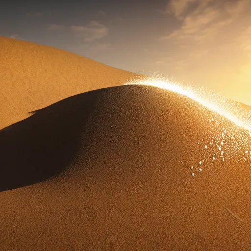 Prompt: a highly detailed digital image of a rocket collapsing into a sand dune incredibly lifelike sand splashing by Andrew Chiampo, artstation, and Frederik Heyman, extremely detailed sand, stunning volumetric lighting, hyper realism, fantasy 4k, 8k,