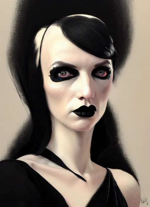 Image similar to portrait of a strange woman with a crooked nose and a confident expression, 1 9 6 0 s, black clothes, goth, punk, funk, intricate, elegant, highly detailed, digital painting, artstation, concept art, smooth, sharp focus, illustration, art by wlop, mars ravelo and greg rutkowski