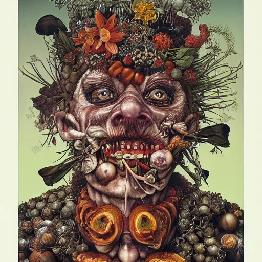 Image similar to portrait of crazy giuseppe arcimboldo, symmetrical, by yoichi hatakenaka, masamune shirow, josan gonzales and dan mumford, ayami kojima, takato yamamoto, barclay shaw, karol bak, yukito kishiro