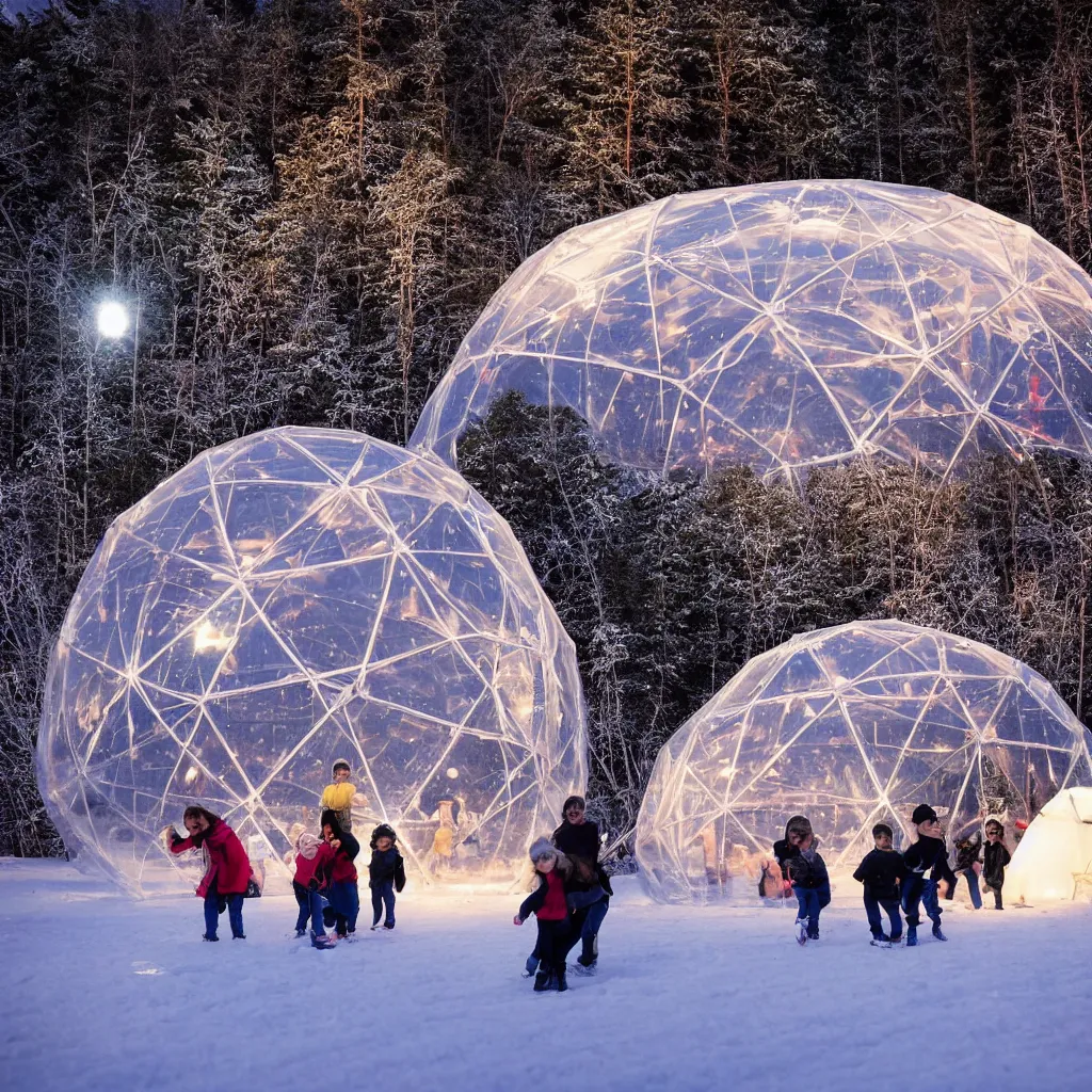 Prompt: A night photo of a family playing in the snow in front of a massive glowing inflatable geodesic house made of clear plastic sheeting. The bubble house glows from within with warm light. The inflated bubble house is at the edge of a snowy winter forest by a frozen lake. The bubbles are full of colorful people and furniture. The lake ice is cracking. Coronarender, 8k, photorealistic
