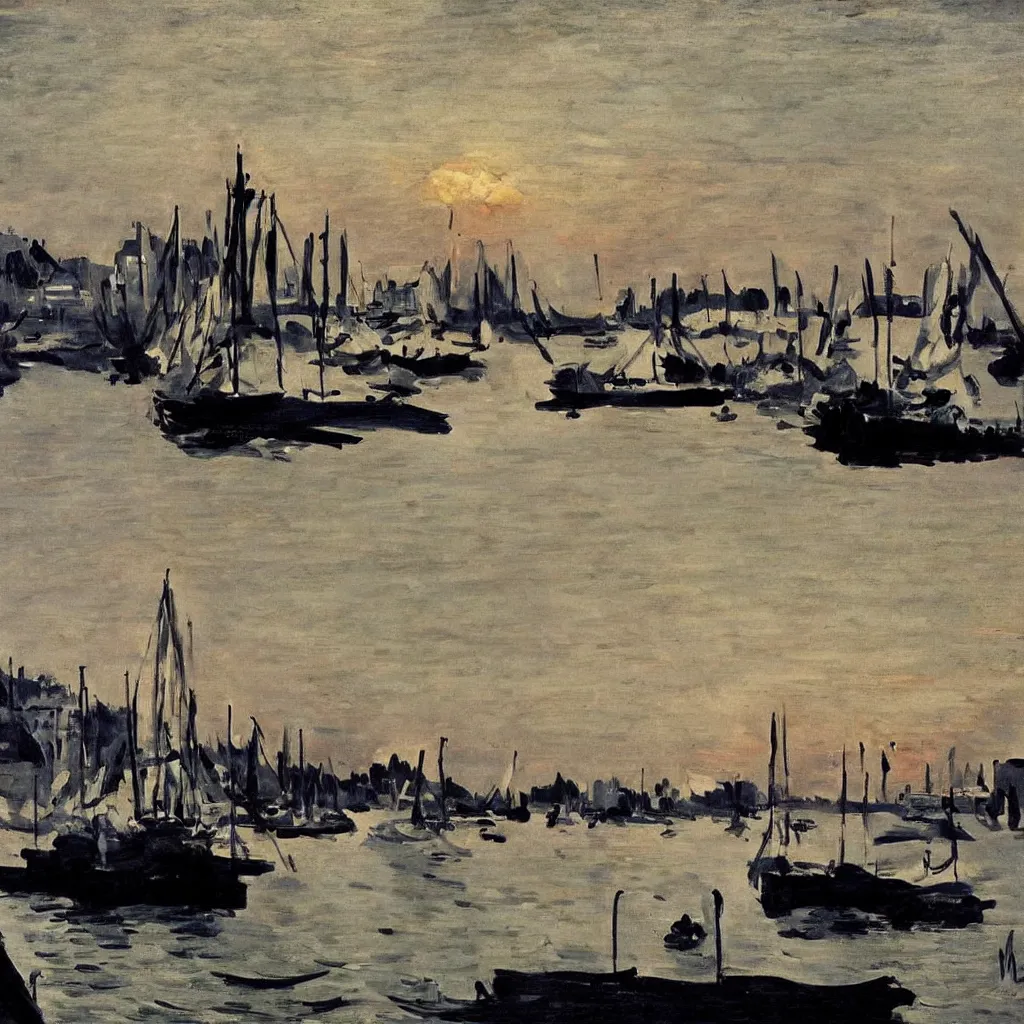 Image similar to dusk Harbour, painting by Manet