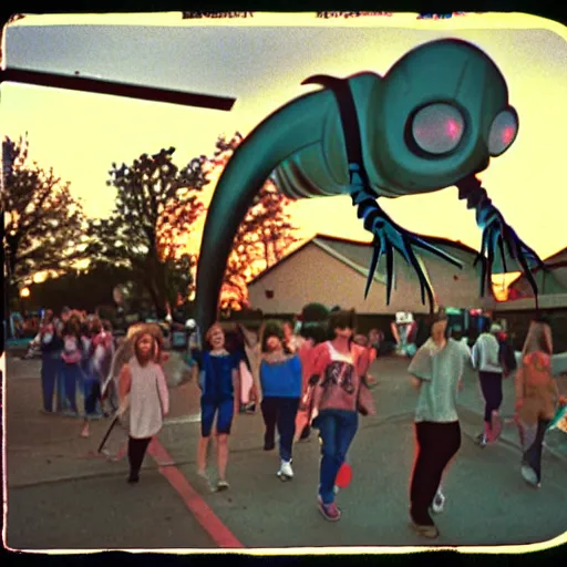 Image similar to 1 9 9 3, disposable camera, flash, giant insect alien chasing people in suburbia