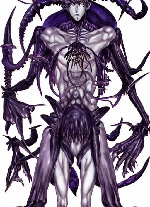 Prompt: shin megami tensei art of a demon called mi - go, crustacean, art by kazuma kaneko, ( ( ( ( ( ( ( ( ( ( human ) ) ) ) ) ) ) ) ) ) demonic! compedium!, digital drawing, white background, high quality, highly detailed