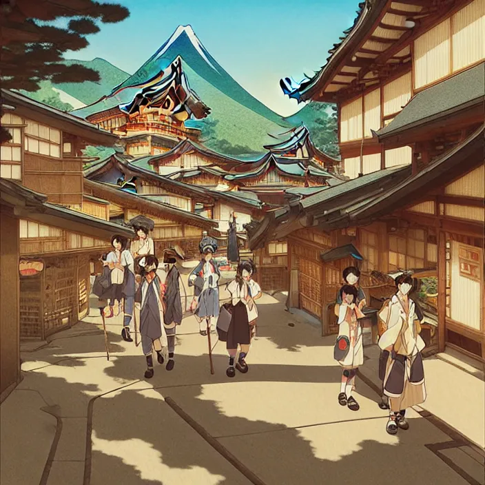 Image similar to japanese mountain town, summer, in the style of studio ghibli, j. c. leyendecker, greg rutkowski, artem