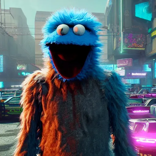 Image similar to cookie monster in cyberpunk 2 0 7 7 unreal engine 5 8 k hyperdetailed