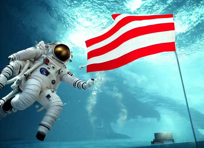 Image similar to astronaut underwater putting a flag on the bottom of the ocean. in the background, a submarine is visible. digital art, blender, photorealistic, octane render, 8 k, volumetric lighting, trending on artstation