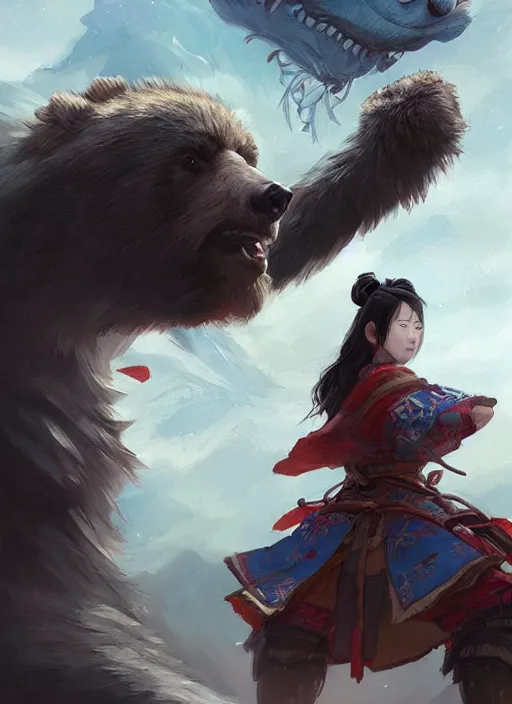 Image similar to japanese girl and a samurai werebear, d & d, fantasy, portrait, highly detailed, digital painting, trending on artstation, concept art, sharp focus, illustration, art by artgerm and greg rutkowski and magali villeneuve