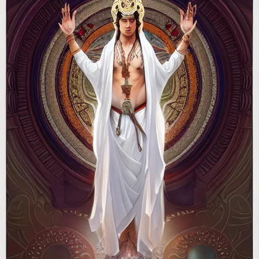 Image similar to beautiful and majestic Peruvian male god wearing a white perizoma, intricate, elegant, highly detailed, digital painting, artstation, concept art, smooth art, sharp focus, illustration, art by artgerm and greg rutkowski and alphonse mucha and loish and WLOP