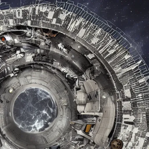 Image similar to a space junkyard forming a tilted disk in black starless space, a graveyard of space stations and giant space structures, dark sci - fi movie