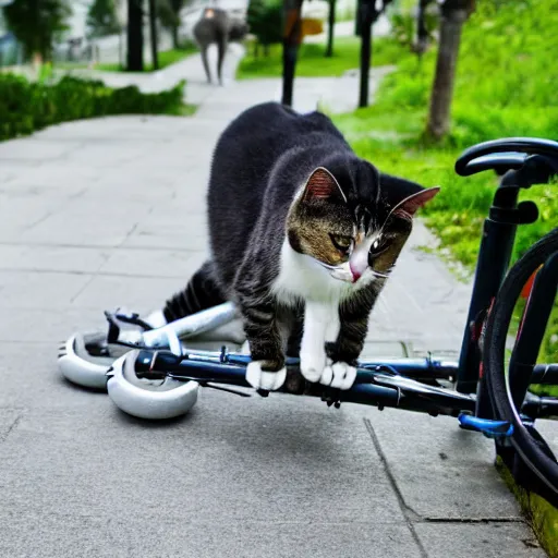 Image similar to cats stealing bycicles, dslr photo