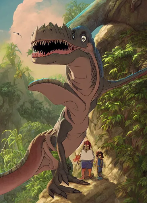 Image similar to official digital painting artwork of dinosaur character by don bluth, ross tran and studio ghibli.