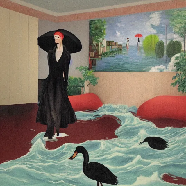 Image similar to tall female emo artist in her flooded apartment, water gushing from ceiling, painting of flood waters inside an artist's home, a river flooding indoors, pomegranates, pigs, ikebana, zen, water, octopus, river, rapids, waterfall, black swans, canoe, berries, acrylic on canvas, surrealist, by magritte and monet