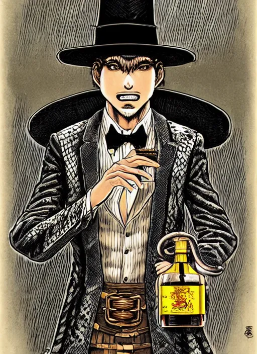 Prompt: portrait of a snake oil salesman wearing a snake suit and wide brimmed hat offering you a bottle of serum formula, art by Kentaro Miura, it idn't greasy