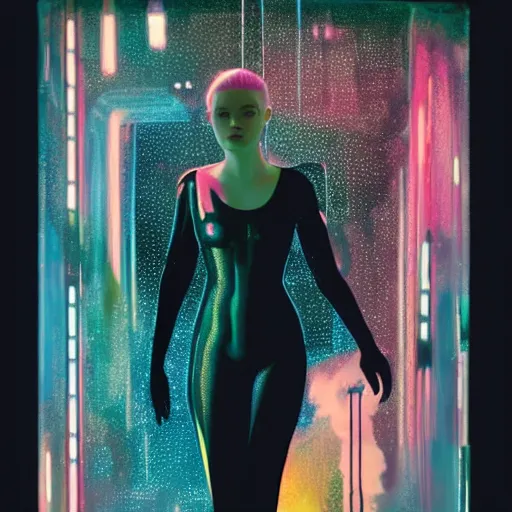 Prompt: silhouette of Elle Fanning in space, stormy weather, extremely detailed masterpiece, oil on canvas, low-key neon lighting, artstation, Blade Runner 2049, Roger Deakin’s cinematography, by J. C. Leyendecker and Peter Paul Rubens