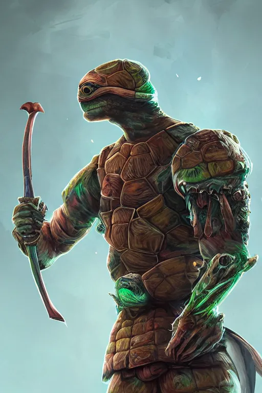 Image similar to buff turtle man, ultra realistic digital art, character design, neon futuristic turtle warrior, turtle character with sword, 4k