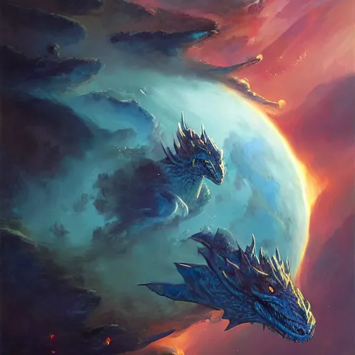 Prompt: Gigantic blue scaled dragon devouring an earth like planet while flying in space, sun system, behemoth, leviathan, nebula, oil painting, by Fernanda Suarez and Edgar Maxence and Greg Rutkowski