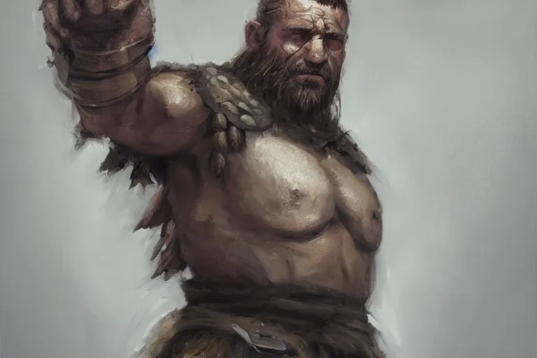 Image similar to a full body fantasy portrait oil painting illustration of a single rugged stoic barbarian man by Justin Sweet with face and body clearly visible, d&d, rpg, forgotten realms, artstation trending, high quality, sombre mood, artstation trending, muted colours, no crop, entire character,