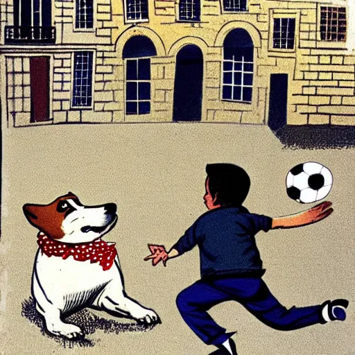 Image similar to book illustration of a french boy on the streets of paris playing football against a corgi, the dog is wearing a polka dot scarf, 1 9 6 6