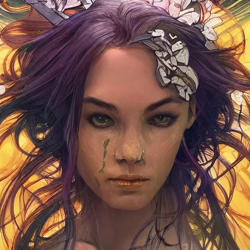 Image similar to cyborg, female, fantasy, bioluminiscence, flowing hair, portrait, highly detailed, digital painting, beautiful eyes, symmetry, concept art, sharp focus, illustration, art by artgerm and greg rutkowski and magali villeneuve and ilya kuvshinov! : : alphonse mucha : : - 0. 2