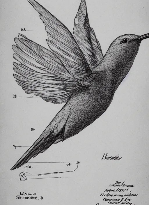 Image similar to full page scan of 1400s detailed hummingbird concept art, architectural section, plan drawing, page, fantasy, diagram, informative texts, graphs, notes, scribbles, mechanical hummingbird bird anatomy anatomical, Patent application drawing, close-up, Fig.1, Header text