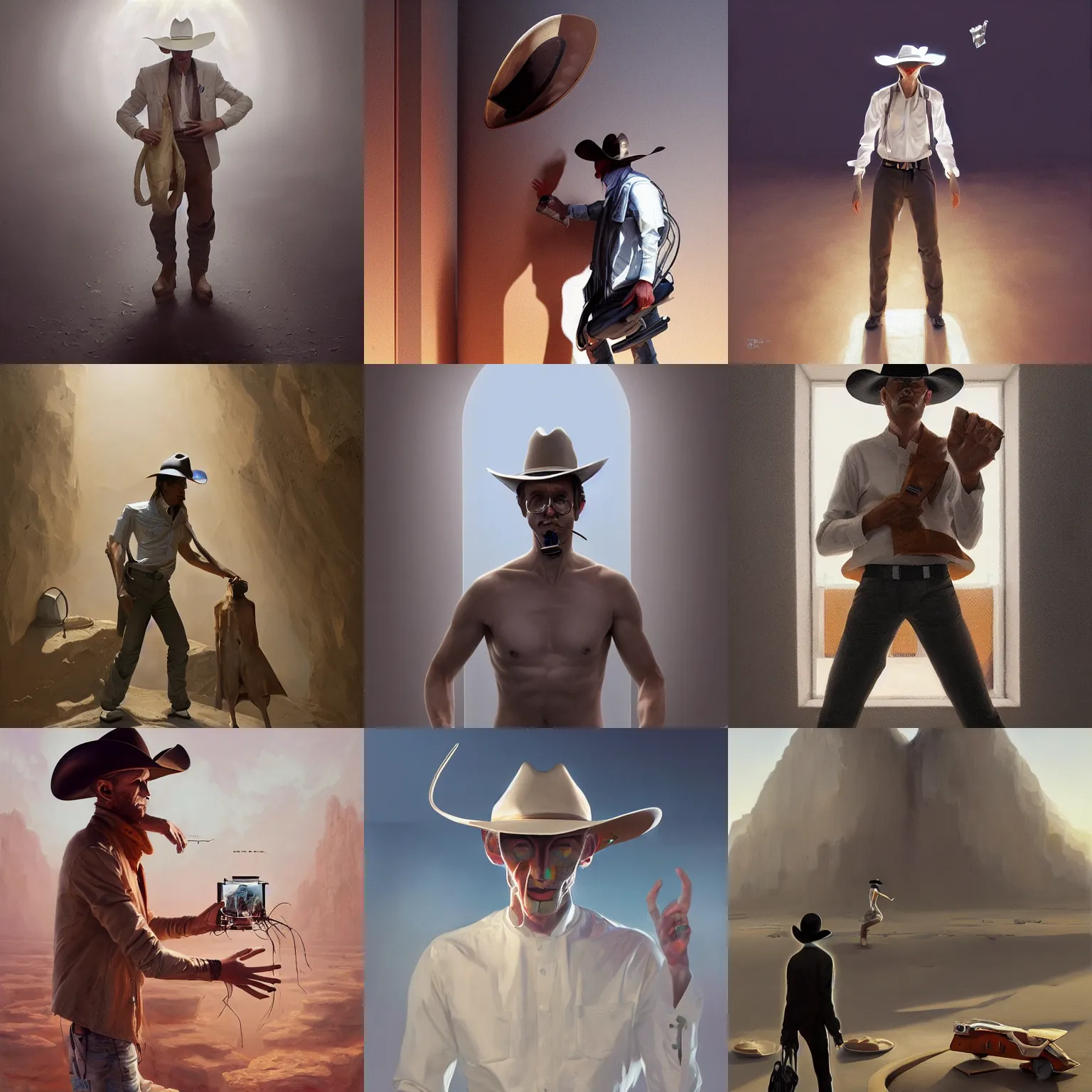 Prompt: futuristic australian man in a brown cowboy hat inside a white cube and eating bugs digital art, dystopian, ultrarealistic, irina french, heraldo ortega, mandy jurgens hajime sorayama greg rutkowski trending on artstation masterpiece golden ratio 8 k 1 5 0 mpx