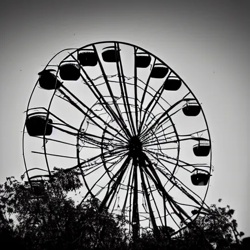 Image similar to an old abandoned rusty ferris wheel, in a town filled with pale yellow mist. Grainy. Award-winning photo. Sigma 40mm f/1.4 DG HSM