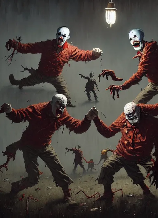 Image similar to masterpiece concept art, evil creepy clowns fighting zombies, by greg rutkowski and geof darrow, 8 k, intricate detail, cinematic lighting