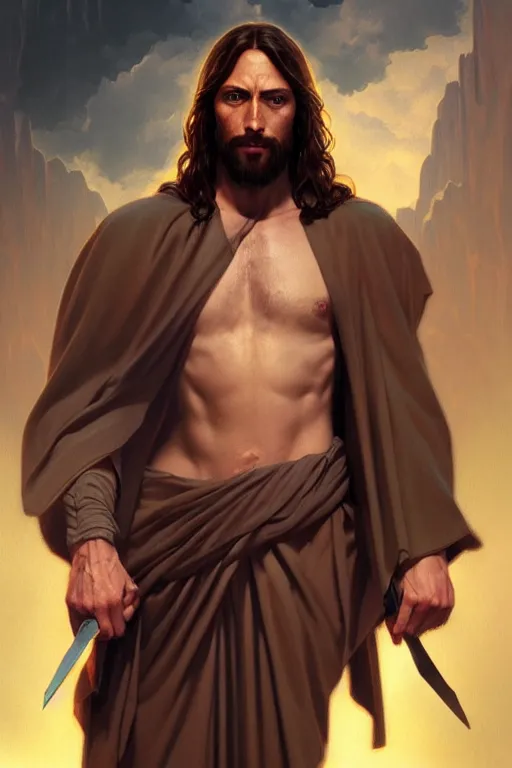 Image similar to jesus christ as an action hero, realistic portrait, symmetrical, highly detailed, digital painting, artstation, concept art, smooth, sharp focus, illustration, cinematic lighting, art by artgerm and greg rutkowski and alphonse mucha