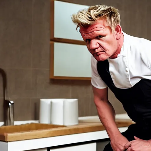 Image similar to gordon ramsay pissed off that his toilet broke, 8k, dramatic scene