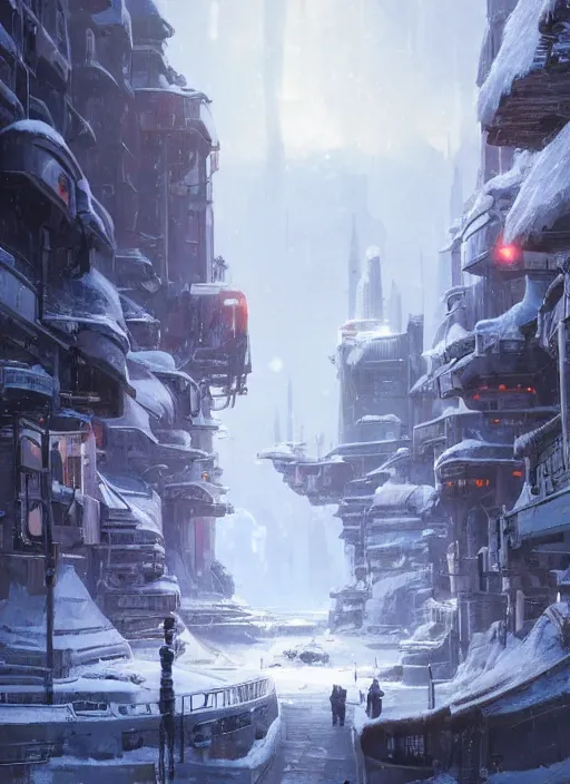 Prompt: portrait, snowy star wars futuristic river town. Dramatic lighting, cinematic, establishing shot, extremely high detail, photo realistic, post processed, artstation, matte painting, style by eddie mendoza, raphael lacoste, alex ross