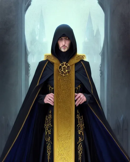 Prompt: handsome mage at the end of time, long black hair blue eyes wearing cloth mantle gothic navy cloak with gold details, castle town, fantasy character portrait, ultra realistic, intricate, elegant, cinematic lighting, highly detailed, digital painting, artstation, smooth, sharp, focus, illustration, art by artgerm and greg rutkowski and alphonse mucha