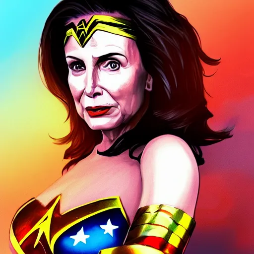 Image similar to Nancy Pelosi as Wonder Woman, digital art, cgsociety, artstation, trending, masterpiece