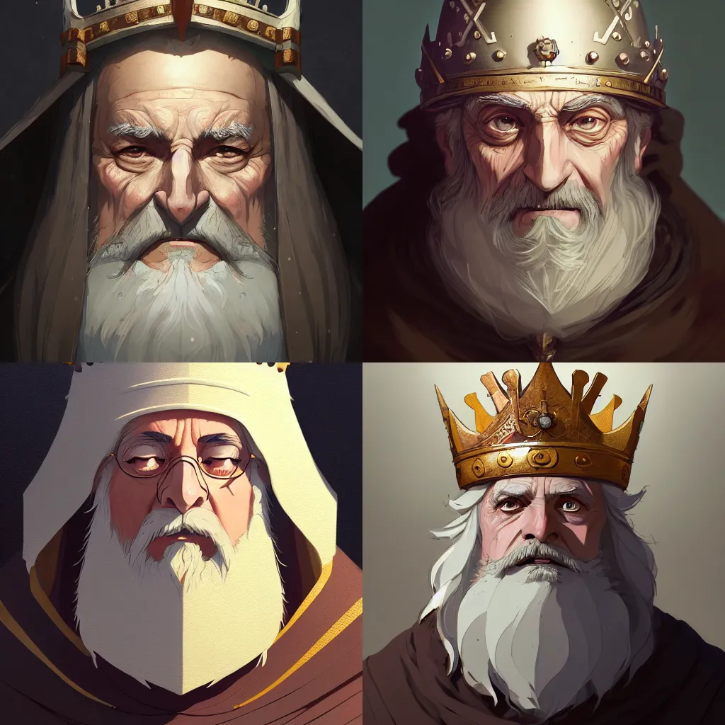 Prompt: cute portrait of a medieval old king, artstation, elegant, highly detailed, digital painting, concept art, smooth, sharp focus, illustration, art by studio ghibli, makoto shinkai, jean giraud, atey ghailan 8 k