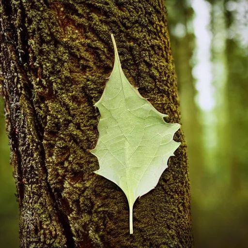 Image similar to realistic photo of a leave nailed on a tree log in a forest