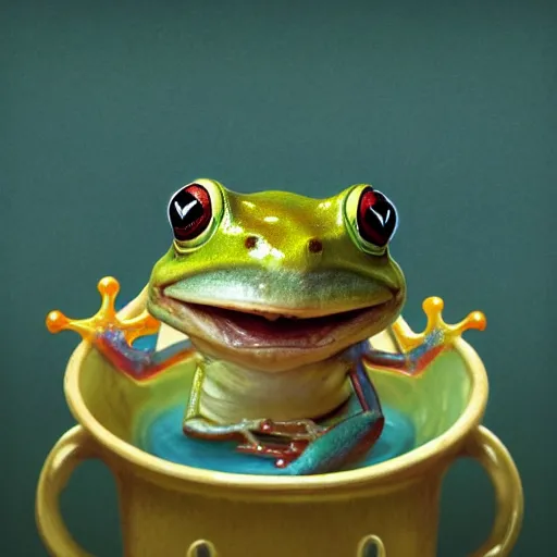 Prompt: long shot of a crazy cute frog baby sitting in a searose cup, by esao andrews, by m. w. kaluta, very humorous illustration, small depth of field, perspective perception, volumetric light, psychedelic colors, 3 d octane render, 8 k, conceptart, hyperdetailed, hyperrealistic, trending on artstation