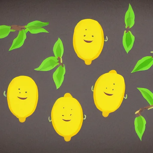 Image similar to An illustration of lemons with arms and legs dancing.