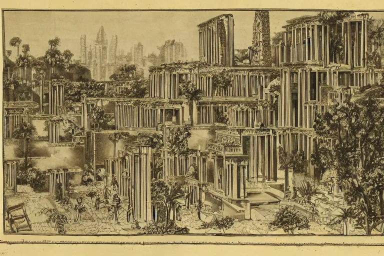 Image similar to ancient city of Babylon, hanging gardens of babylon. Robot mechas roaming the streers of ancient babylon. By beethoven, highly detailed