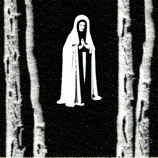 Image similar to marian apparition in forest, high contrast, found footage, vhs, 1 9 9 0, beautiful, highly realistic, highly detailed, vhs noise static, black and white, vhs glitch