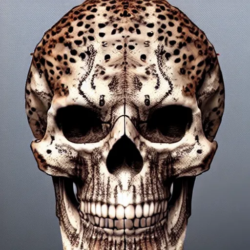 Prompt: Skull that look too much like skull!, I have likened evolution to a search through a very large space of possible organism characteristics, an 8k CG character rendering of a spider-like hunting female on its back, fangs extended, wearing a leopard-patterned dress, set against a white background, with textured hair and skin.