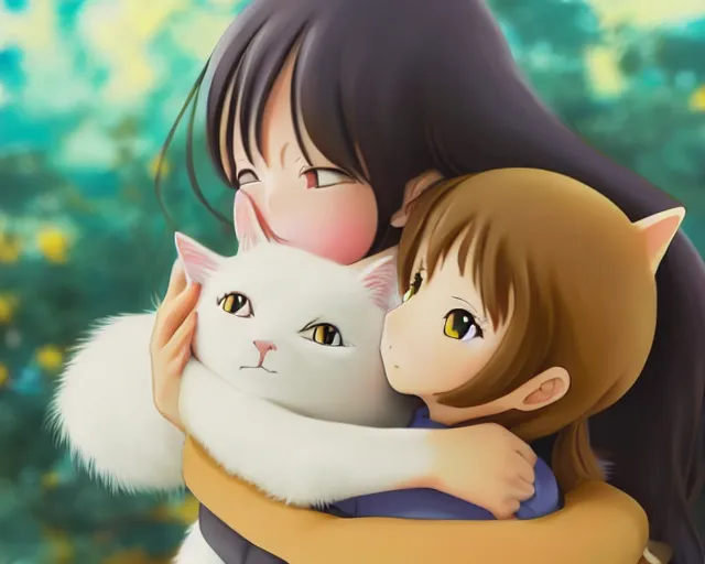 Image similar to anime fine details portrait of joyful girl hugging cat in school, bokeh. anime masterpiece by Studio Ghibli. 8k render, sharp high quality anime illustration in style of Ghibli, artstation