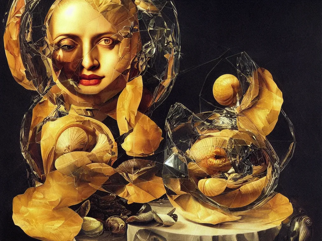 Image similar to hyperrealistic still life painting of a goddess with her third eye blasting open into a new dimension, wrapped in fabric and gently smiling, nautilus shell surrounded by prisms in a tesseract, by Caravaggio, botanical print, surrealism, vivid colors, serene, golden ratio
