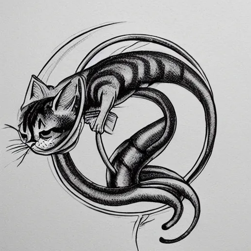 Image similar to one cat biting it's tail, Ouroboros, circle 0f life, tattoo design, designed by Iain McCaig